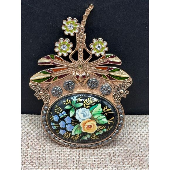 Unique Estate Amy Kahn Russell Bronze Dragonfly Floral Large Pin Pendant - Picture 2 of 8